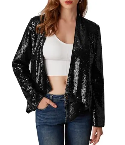 Produktbild: GRACE KARIN Damen Funkelnde Pailletten Bolero Festliche Lockere Kurze Strickjacke Elegant Formal Cardigan für Abendkleid Schwarz S