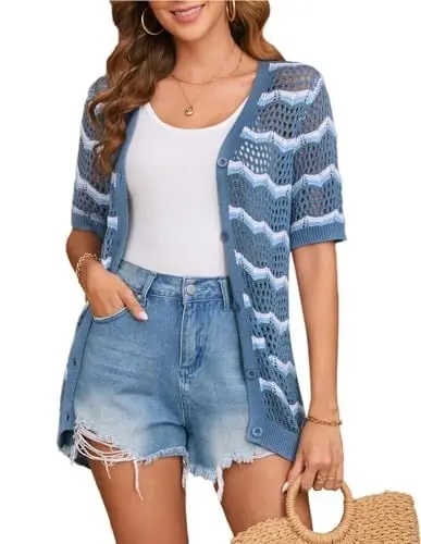 Produktbild: GRACE KARIN Damen Gestreifte Strickjacke V-Ausschnitt Sommer Lässiger Kurzarm Strickpullover in Kontrastfarbe Blau und Weiß XL