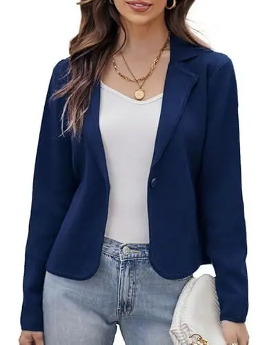 Produktbild: GRACE KARIN Damen Blazer Langarm Elegant Herbst Winter Einfarbig Slim Blazerjacke Button Down Pullover Strickwaren Dunkelblau S