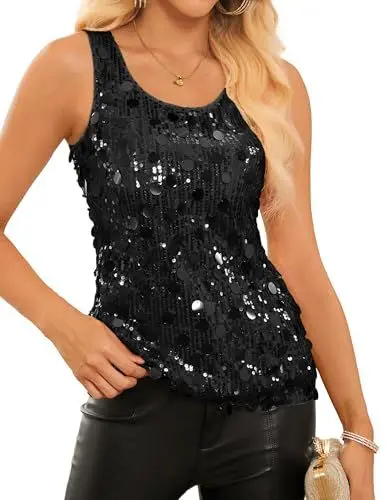 Produktbild: GRACE KARIN Damen Glitzer Weste Tank Top Tunika U Ausschbitt mit Pailletten Oberteil S Schwarz