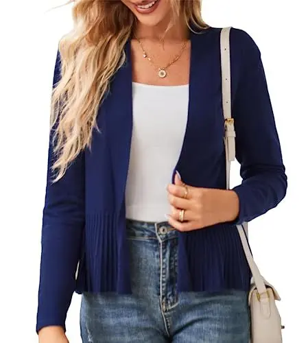 Produktbild: Damen Gute Elastisch Schlank Candigan Klassischer Schnitt Dünne Strickjacke Open Front Casual Rüschensaum Elegant Bolero S Dunkelblau
