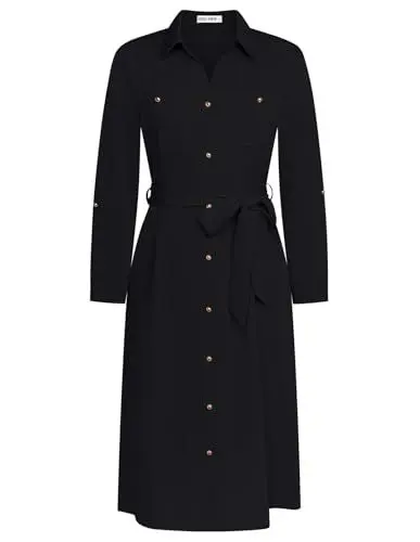 Produktbild: GRACE KARIN Damen Hemdkleid Lange Ärmel Knopfleiste Gerades Kleid mit Abnehmbarem Gürtel Schwarz M
