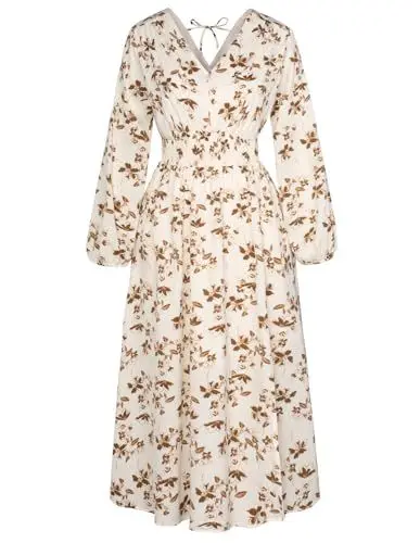 Produktbild: GRACE KARIN Damen Herbst V-Ausschnitt Retro Kleid Langarm Elastische Taille Floral Bedrucktes Kleid Braune Blume 36