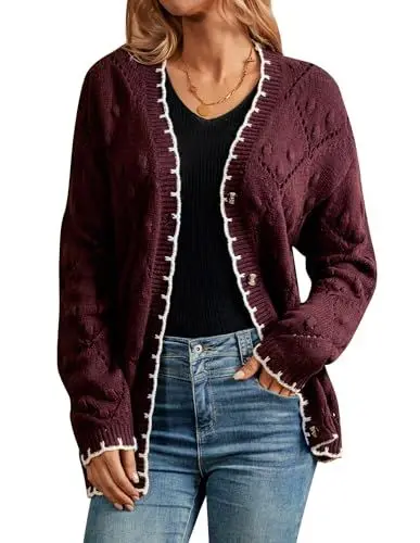 Produktbild: GRACE KARIN Damen Herbst Winter Hohler Lange Cardigan Pullover V-Ausschnitt Offene Vorderseite Knopf Dunkelrot XL