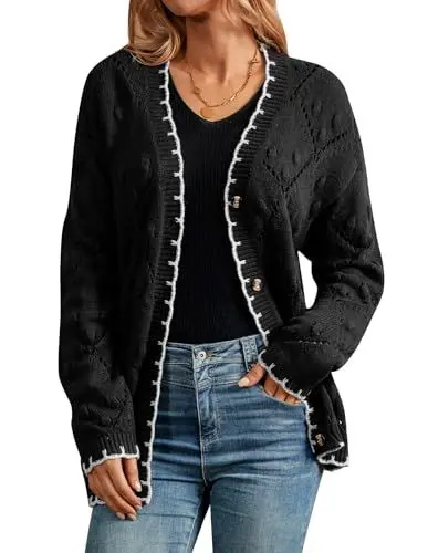 Produktbild: GRACE KARIN Damen V-Ausschnitt Lange Hohler Strickjacken Open Front Cardigan Mit Knöpfen Schwarz XXL