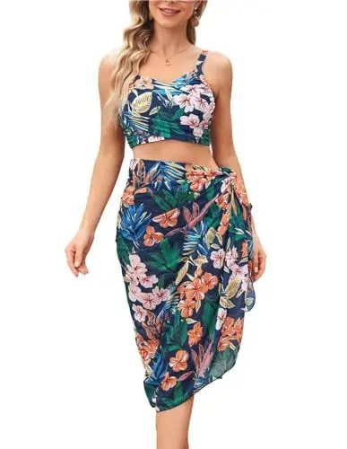 Produktbild: GRACE KARIN Damen High Waist Bikini Dreiteiliges Badenmode V-Ausschnitt Twist Front Badeanzug Sexy Push Up Strandbikini Sommer Urlaub Marineblaue Blumen XL