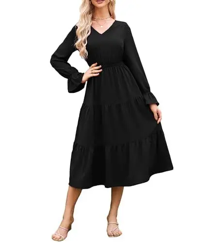 Produktbild: Damen Lange Ärmel Kleid in A-Linie Freizeitkleid Mit V-Ausschnitt Langes Kleid Schwarz M