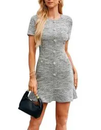 Produktbild: GRACE KARIN Damen Kleider Elegant Kleid mit Taschen Midi Kleider Kurze Ärmel Schwarz Grau 36