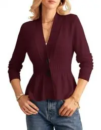 Produktbild: GRACE KARIN Damen Kurz Strickjacke mit Knöpfe Elegant Langarm V-Ausschnitt Stirckmantel Weinrot M
