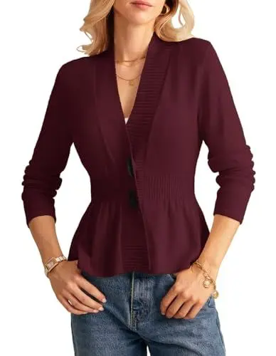 Produktbild: GRACE KARIN Damen Kurz Strickjacke mit Knöpfe Elegant Langarm V-Ausschnitt Stirckmantel Weinrot M