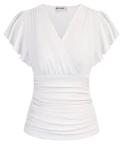 Produktbild: GRACE KARIN Damen Kurzarm Bluse Elegant Slim Fit Plissee-Tops Einfarbige Tunika Bluse Sexy Pullover Weiss XXL