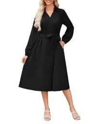 Produktbild: GRACE KARIN Damen Lässiges Knielanges Kleid Mit Gürtel Lange Ärmel Blusenkleid Mit V-Ausschnitt Schwarz XXL