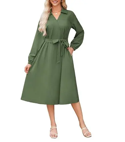 Produktbild: GRACE KARIN Damen Lässiges Knielanges Kleid Mit Gürtel Lange Ärmel Blusenkleid Mit V-Ausschnitt Armeegrün XXL