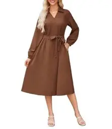 Produktbild: GRACE KARIN Damen Lässiges Knielanges Kleid Mit Gürtel Lange Ärmel Blusenkleid Mit V-Ausschnitt Braun XXL