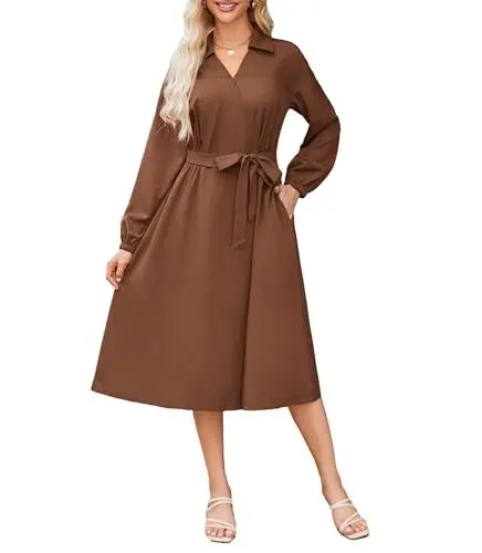 Produktbild: GRACE KARIN Damen Lässiges Knielanges Kleid Mit Gürtel Lange Ärmel Blusenkleid Mit V-Ausschnitt Braun XXL