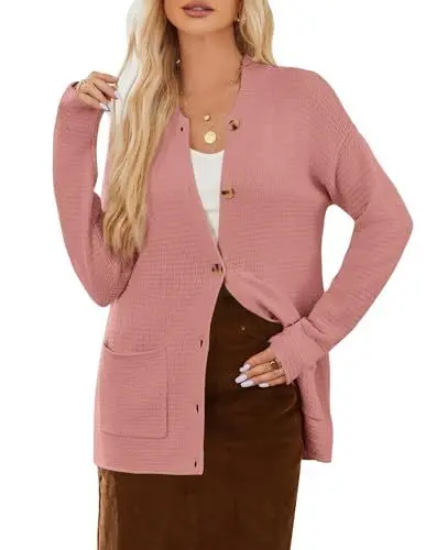 Produktbild: GRACE KARIN Damen Lang Strickjacke Mit Taschen Frauen Langarm Baseballkragen Strickjacke Leder Rosa XXL