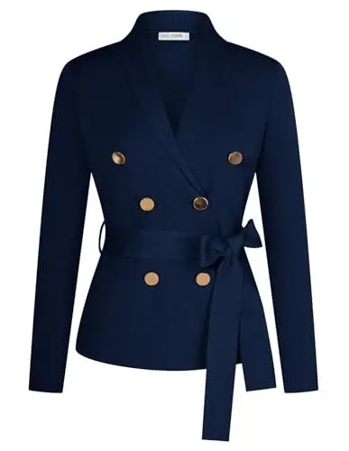 Produktbild: GRACE KARIN Damen Langarm Strickjacke Schal Revers Business Strickjacke Gürtel Mit Taschen Dunkelblau L