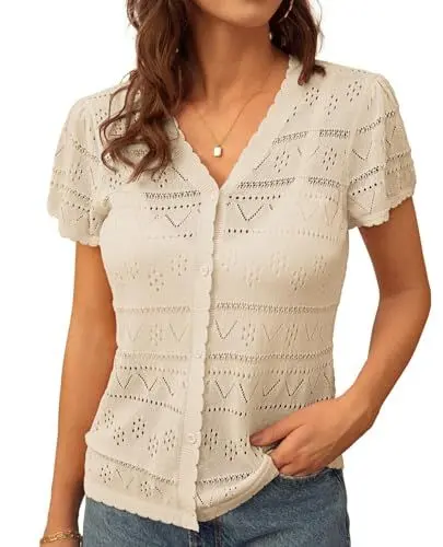 Produktbild: GRACE KARIN Damen Sommer Leicht Kurzarm Cardigan mit Knopf Lässig Kurz Solid Tops Aprikose M
