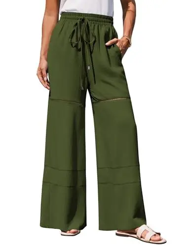 Produktbild: GRACE KARIN Damen Leicht Palazzo Hose Sommerhose Hohe Taille Lounge Hosen Einfarbig Freizeithose mit Taschen Grün XL