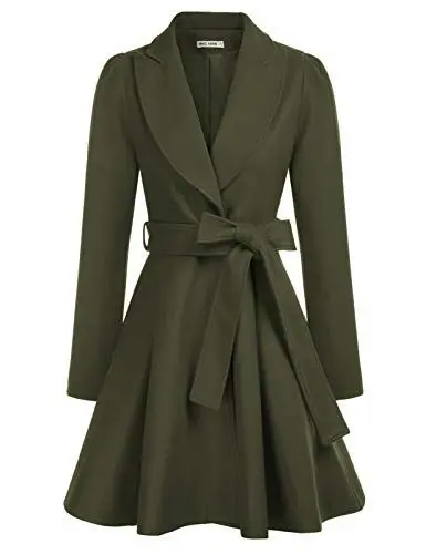 Produktbild: GRACE KARIN Damen Wintercoat Armeegrün einfarbig Mantel mit Gürtel Langarm Revers Wintermantel Warm Jacke Mantel casual style Outwear S