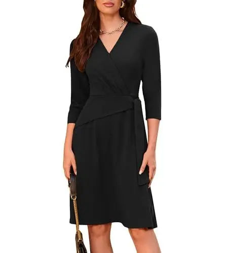 Produktbild: GRACE KARIN Damen Midikleider Dreiviertelärmel Wickel V-Ausschnitt Strick Slim Fit Kleider Schwarz L