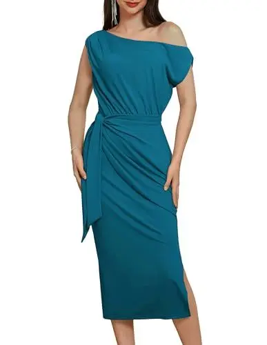 Produktbild: GRACE KARIN Damen One Shoulder Abendkleid 2024 Cocktailkleid Kurzarm Bodycon Midi Kleid Party Hochzeit S Blau Grün CL2996S24-03