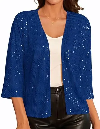 Produktbild: GRACE KARIN Damen Open Front 3/4 Ärmel kurz Leicht Jacke Business Casual Cropped Blazer Mantel Strickjacke Cardigan M Kobaltblau