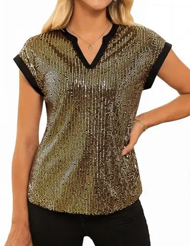 Produktbild: GRACE KARIN Damen Pailletten Bluse Elegant V Ausschnitt Kurzarm Cocktail Club Night Outfits L Gold