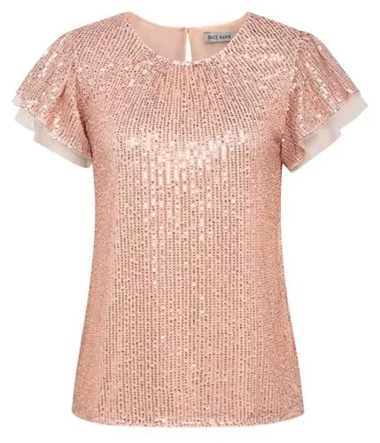 Produktbild: GRACE KARIN Damen Pailletten Kurzarm Bluse Tanzabend Party Glitzer Top Rose Gold M