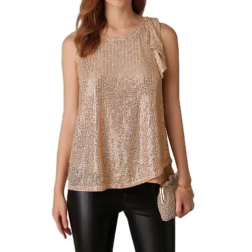 Produktbild: GRACE KARIN Damen Pailletten Oberteil Ärmellos Frauen Glitzer Top Chiffon Gefüttert Party Bankett Lange A-Linie Camisole Champagner S
