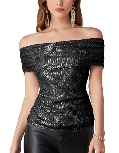 Produktbild: GRACE KARIN Damen Pailletten Party Oberteile Off Shoulder Sparkling Ruched T-Shirt Tops Schwarz L