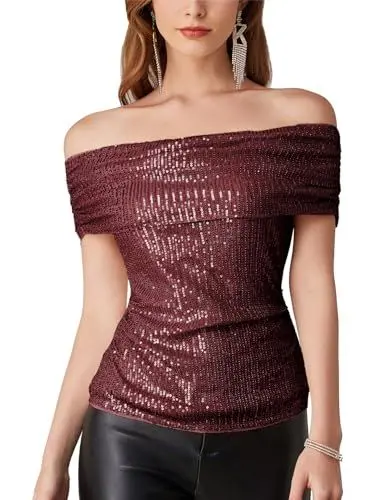 Produktbild: GRACE KARIN Damen Pailletten Party Oberteile Off Shoulder Sparkling Ruched T-Shirt Tops Weinrot S