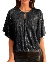 Produktbild: GRACE KARIN Damen Elegant Glitter Rundhals Tops 1/2 Ärmel Festliche Pailletten Oberteil Schwarz M