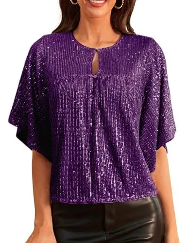 Produktbild: GRACE KARIN Damen Party Pailletten Oberteil Glitzer Party Tops Cocktail Bluse Violett L