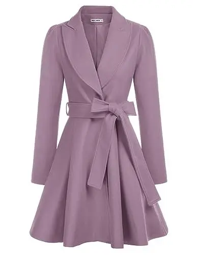 Produktbild: GRACE KARIN Damen Pink Lila Langarm Mantel Wintercoat mit Gürtel Revers Wintermantel Warm Jacke einfarbig Mantel Casual Outwear 2XL