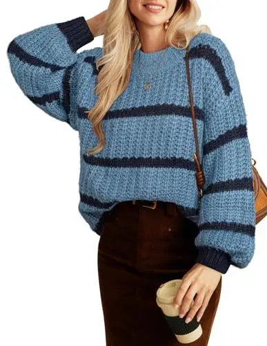Produktbild: GRACE KARIN Damen Pullover Langarm Strickpullover Crochet Elegant Festliche Oberteile Blau Streifen L