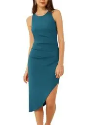 Produktbild: GRACE KARIN Damen Rundhalsausschnitt Enges Kleid Ärmellos Hoch-Tief Eng Midi Kleid Pfau Blau 12