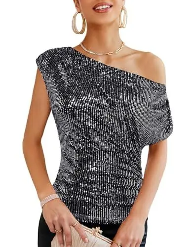 Produktbild: GRACE KARIN Damen Pailletten Tops Glitzer Party Kurzarm Oberteil Festliche Blusen zur Hochzeit Schwarz- Silber M