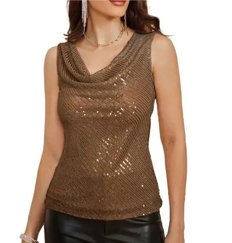 Produktbild: GRACE KARIN Damen Sexy Glänzendes Pailletten Party Club Oberteil Wasserfall-Ausschnitt Schmale Passform Übergröße Sequin Top Kaffeebraun M