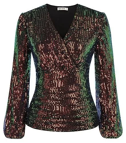 Produktbild: GRACE KARIN Damen Slim Fitted Bluse Pailletten Glitzern Tops V-Ausschnitt Sexy Tunika Cocktailparty Festlich S Schwarz