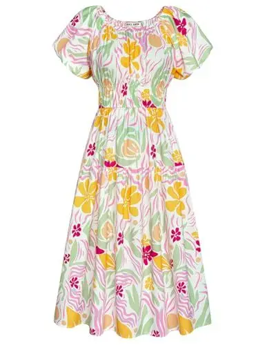 Produktbild: GRACE KARIN Damen Sommer A-Linie Kleid Elastische Taille Off Shoulder Kurzarm Kleid Boho Strand Midikleid mit Taschen Freizeitkleid Weiß-gelbe rosa Blumen XXL