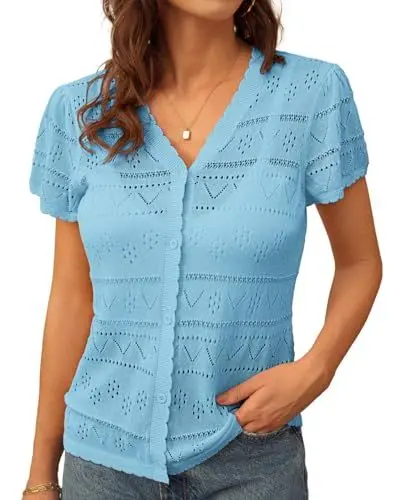 Produktbild: GRACE KARIN Damen Sommer Leicht Kurzarm Cardigan mit Knopf Lässig Kurz Solid Tops Hellblau M