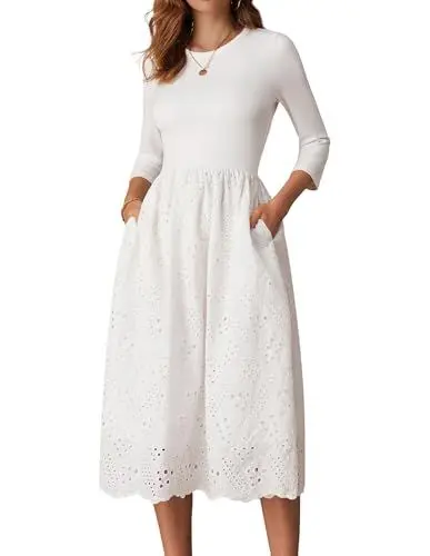 Produktbild: Lockeres Sommerkleid für Damen in Übergröße mit Taschen Langarm Rundhalsausschnitt A-Linien-Kleid Elegantes Lässiges Maxikleid XXL Weiß