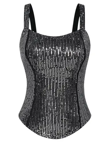 Produktbild: GRACE KARIN Damen Spaghettiträger Tops Pailletten Crop Tanktop Casual Glänzende Party Tops Schwarz-Silber M