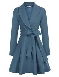 Produktbild: GRACE KARIN Damen Stahlblau Outwear Mantel Casual style Wintercoat Revers Langarm Wintermantel Warm Jacke einfarbig Mantel mit Gürtel XL