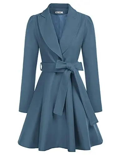Produktbild: GRACE KARIN Damen Stahlblau Outwear Mantel Casual style Wintercoat Revers Langarm Wintermantel Warm Jacke einfarbig Mantel mit Gürtel XL