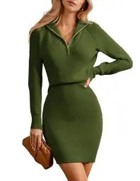 Produktbild: GRACE KARIN Damen V-Ausschnitt Bodycon Strickkleid Elegant Langarm Pulloberkleid Armeegrün S