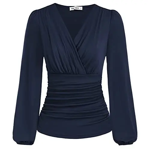 Produktbild: GRACE KARIN Damen V-Ausschnitt Oberteile Sexy Langarm Slim Fit Plissee-Tops Tunika Elegant Einfarbig Tunika CL1341A22-03_00M