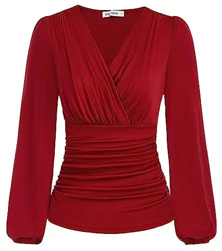 Produktbild: GRACE KARIN Damen Langarm Bluse Elegant Laterne Langarm Slim Fit Plissee-Tops Einfarbige Tunika Bluse Sexy Pullover Rot-2 M