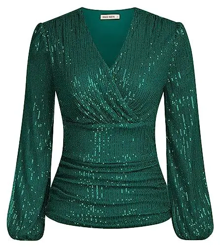 Produktbild: GRACE KARIN Damen V-Ausschnitt Bluse Mode Abend Party Wedding Glitzertop Tunika Lange Ärmel mit elastischen Öffnungen S Blaugrün
